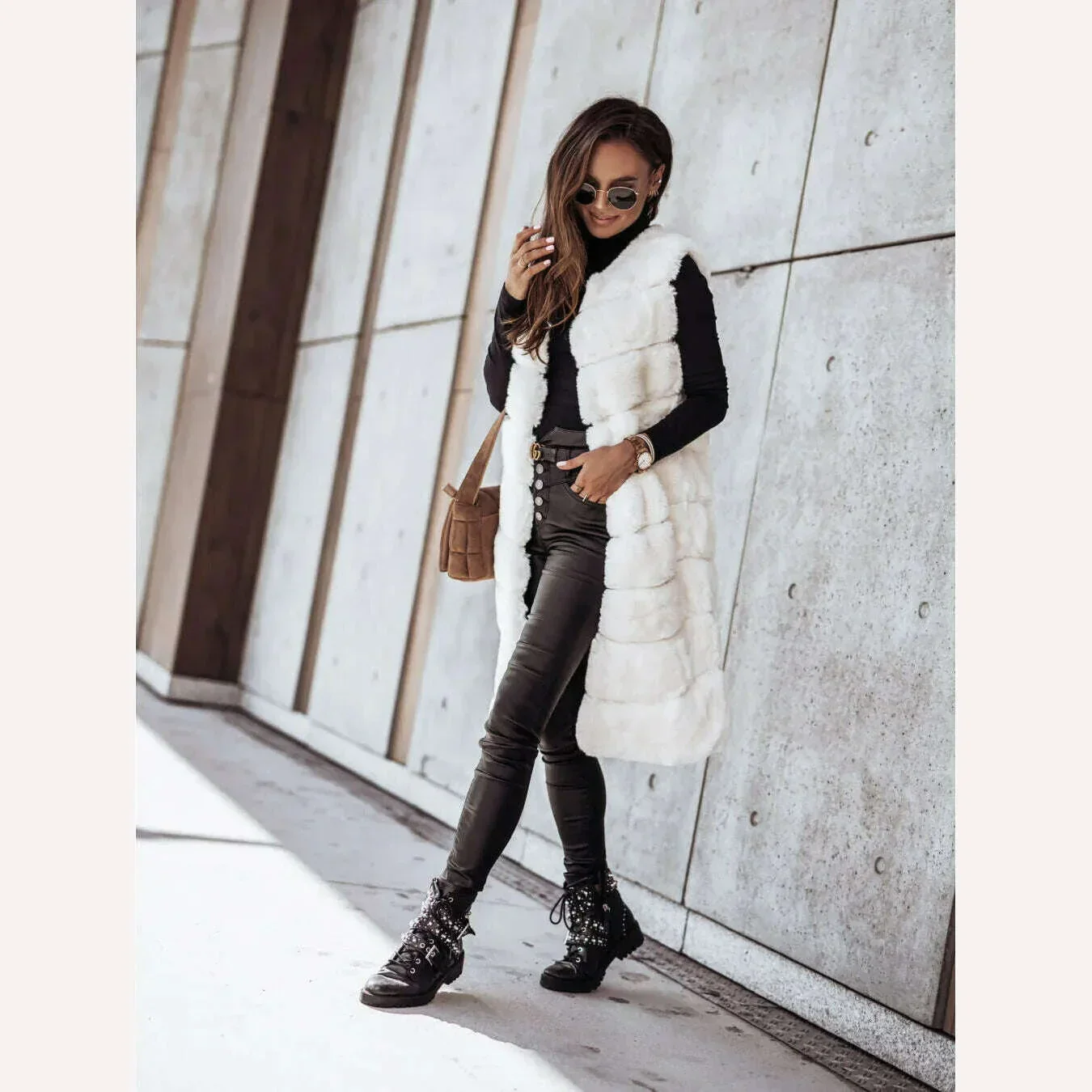 Women Long Faux Fur Autumn Winter Long Round Neck Fur Vests Coat Overcoat Sleeveless High Waist Solid Color - Image 5