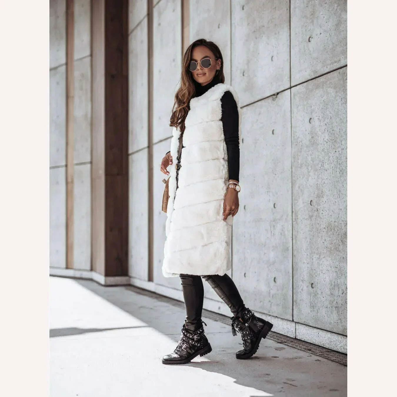 Women Long Faux Fur Autumn Winter Long Round Neck Fur Vests Coat Overcoat Sleeveless High Waist Solid Color - Image 6
