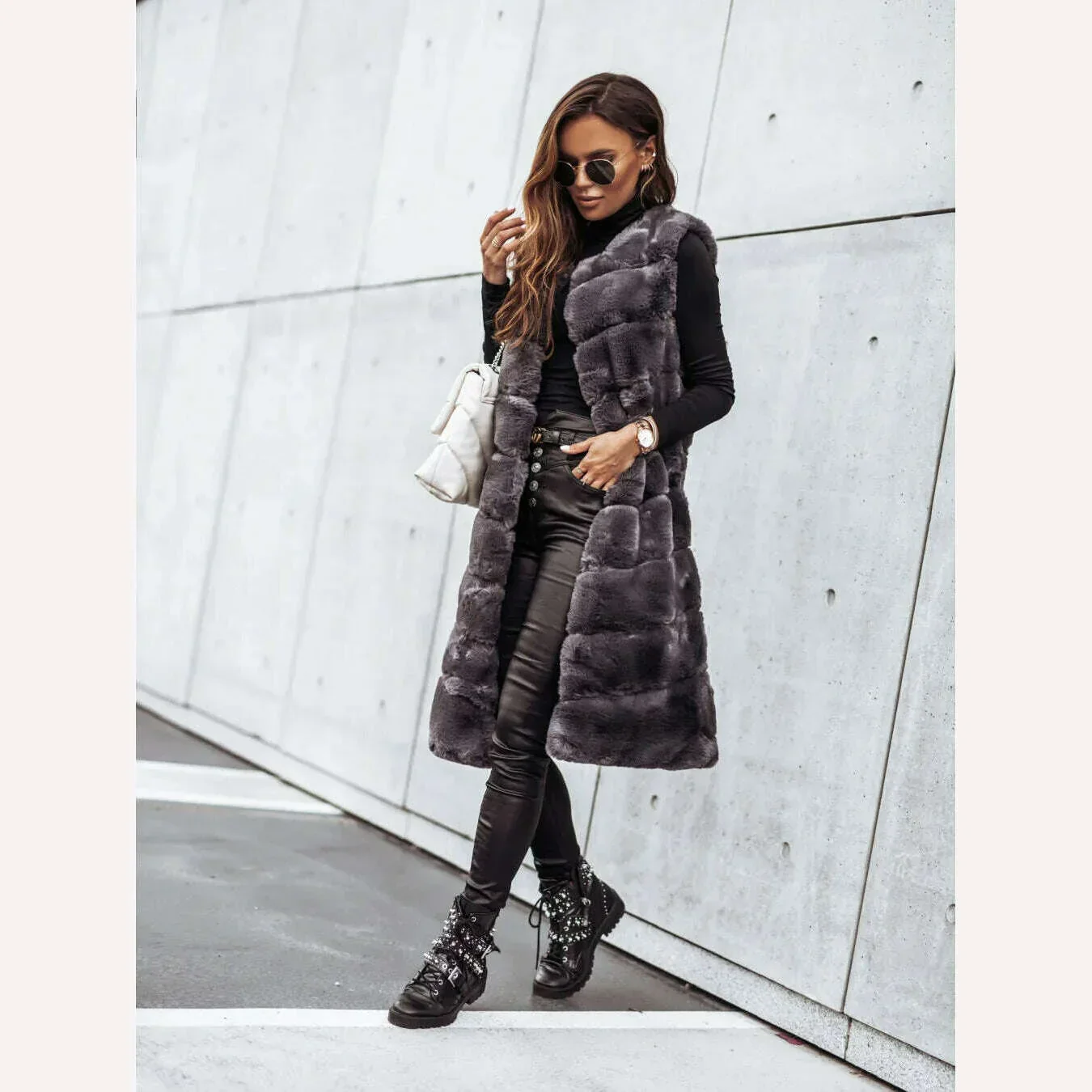 Women Long Faux Fur Autumn Winter Long Round Neck Fur Vests Coat Overcoat Sleeveless High Waist Solid Color - Image 7