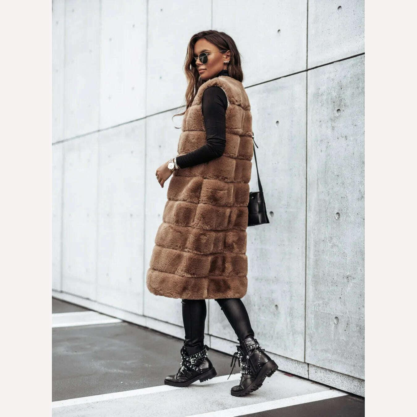 Women Long Faux Fur Autumn Winter Long Round Neck Fur Vests Coat Overcoat Sleeveless High Waist Solid Color - Image 8