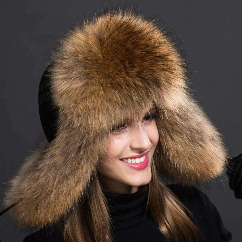 Women Natural Raccoon Fur Caps Ushanka Hats for Winter Thick Warm Ears Fashion Bomber Pom Pom Hat Lady Real Fox Fur Cap Pompon - Image 20