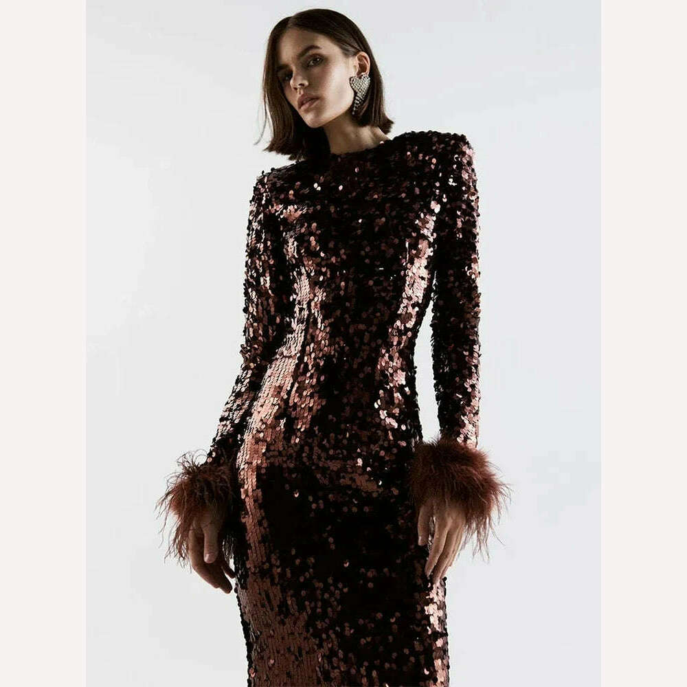 Women O Neck Long Sleeve Luxury Sequin Feather Bodycon Dress Elegant Feather Long Sleeve Skinny Dress Celebrity Evening Party - Image 13