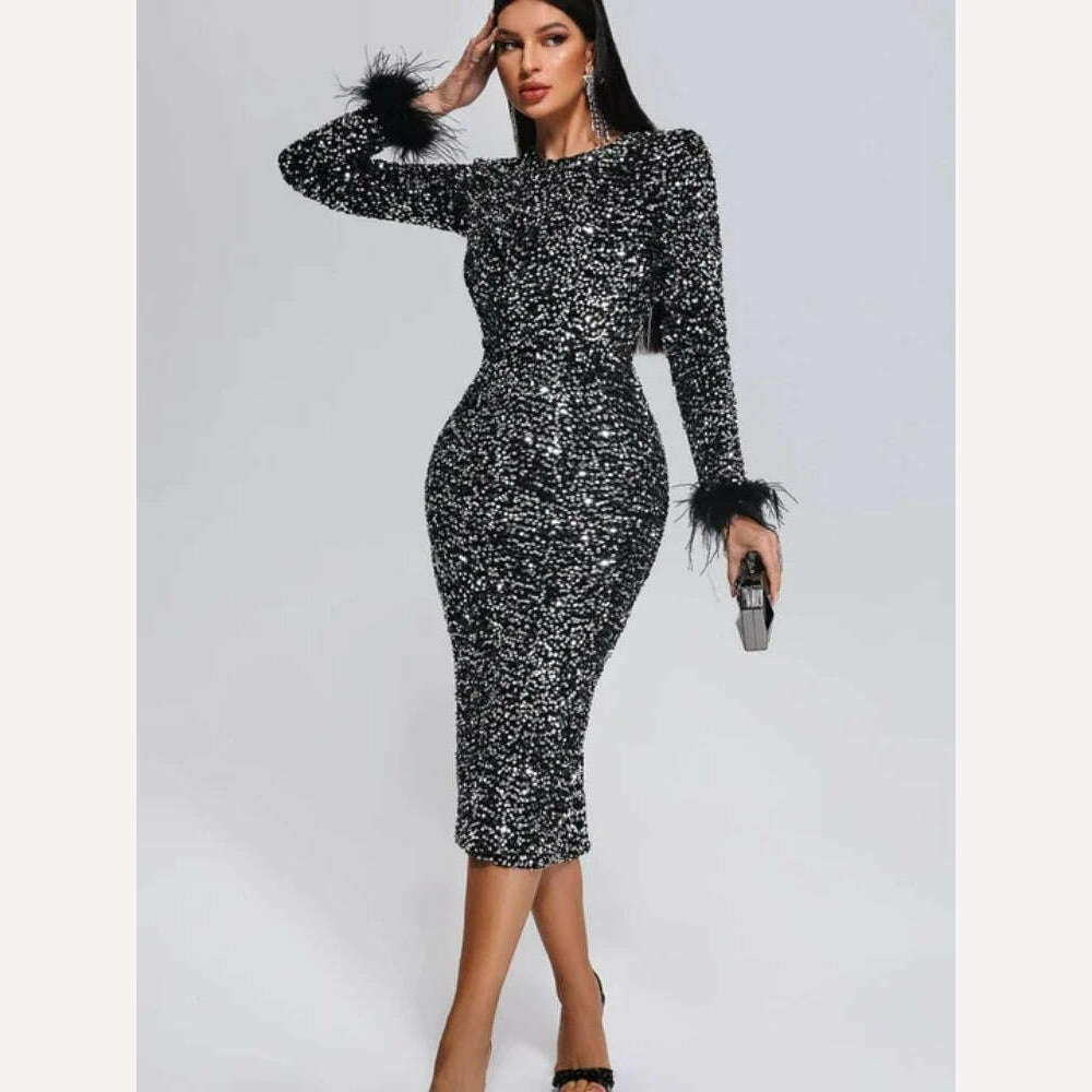 Women O Neck Long Sleeve Luxury Sequin Feather Bodycon Dress Elegant Feather Long Sleeve Skinny Dress Celebrity Evening Party - Image 5