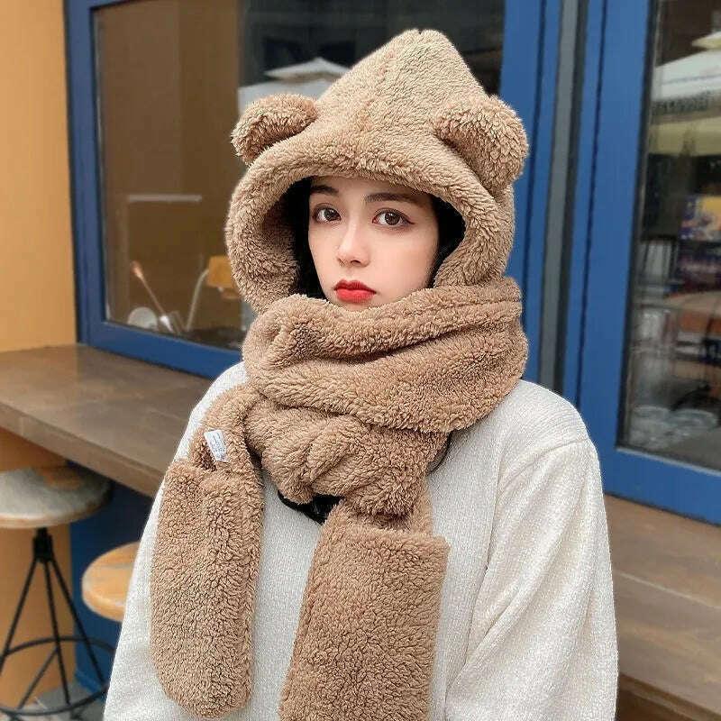 Women Winter Hood Beanies Thick Woolen Knitted Hat+Scarf Fur Pompom Crochet Bonnet Outdoor Ski Female Cap Warm Headgear - Image 10