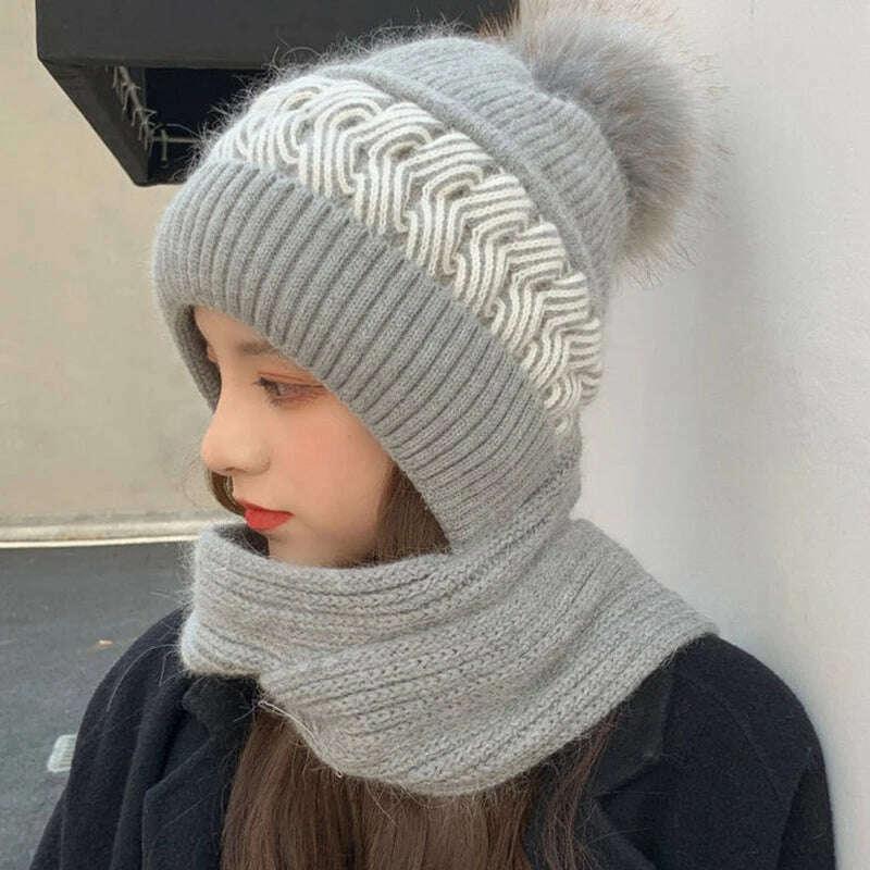 Women Winter Hood Beanies Thick Woolen Knitted Hat+Scarf Fur Pompom Crochet Bonnet Outdoor Ski Female Cap Warm Headgear - Image 12