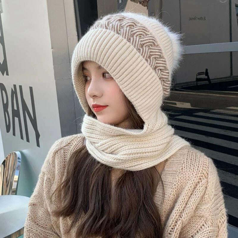 Women Winter Hood Beanies Thick Woolen Knitted Hat+Scarf Fur Pompom Crochet Bonnet Outdoor Ski Female Cap Warm Headgear - Image 14