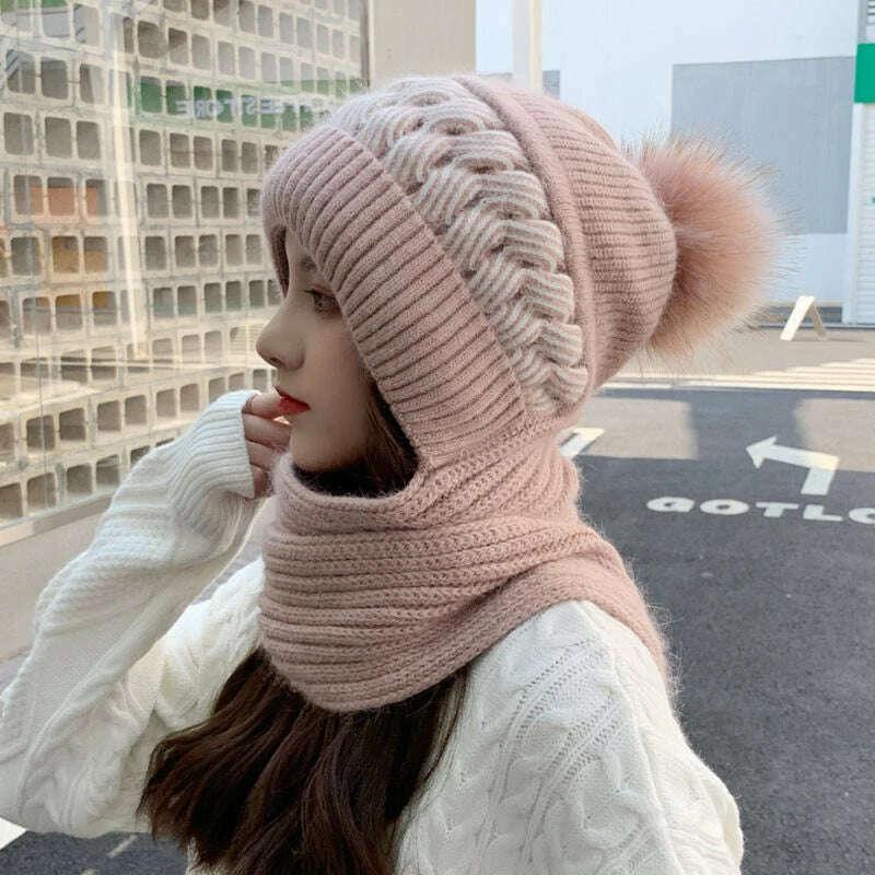 Women Winter Hood Beanies Thick Woolen Knitted Hat+Scarf Fur Pompom Crochet Bonnet Outdoor Ski Female Cap Warm Headgear - Image 15