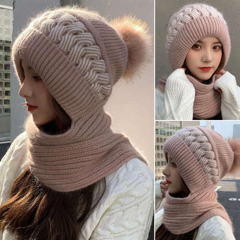 Women Winter Hood Beanies Thick Woolen Knitted Hat+Scarf Fur Pompom Crochet Bonnet Outdoor Ski Female Cap Warm Headgear - Image 3