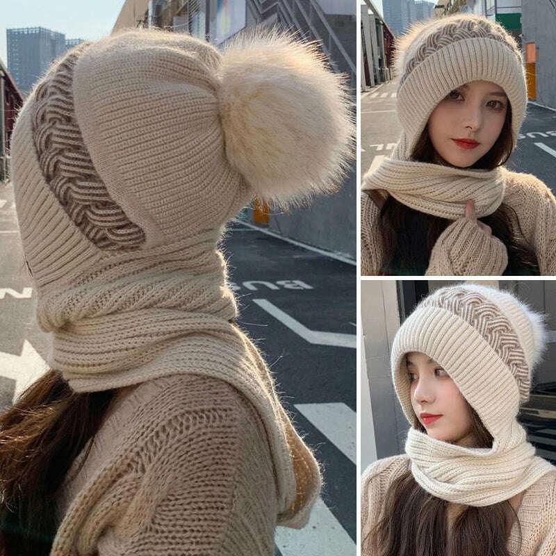 Women Winter Hood Beanies Thick Woolen Knitted Hat+Scarf Fur Pompom Crochet Bonnet Outdoor Ski Female Cap Warm Headgear - Image 4