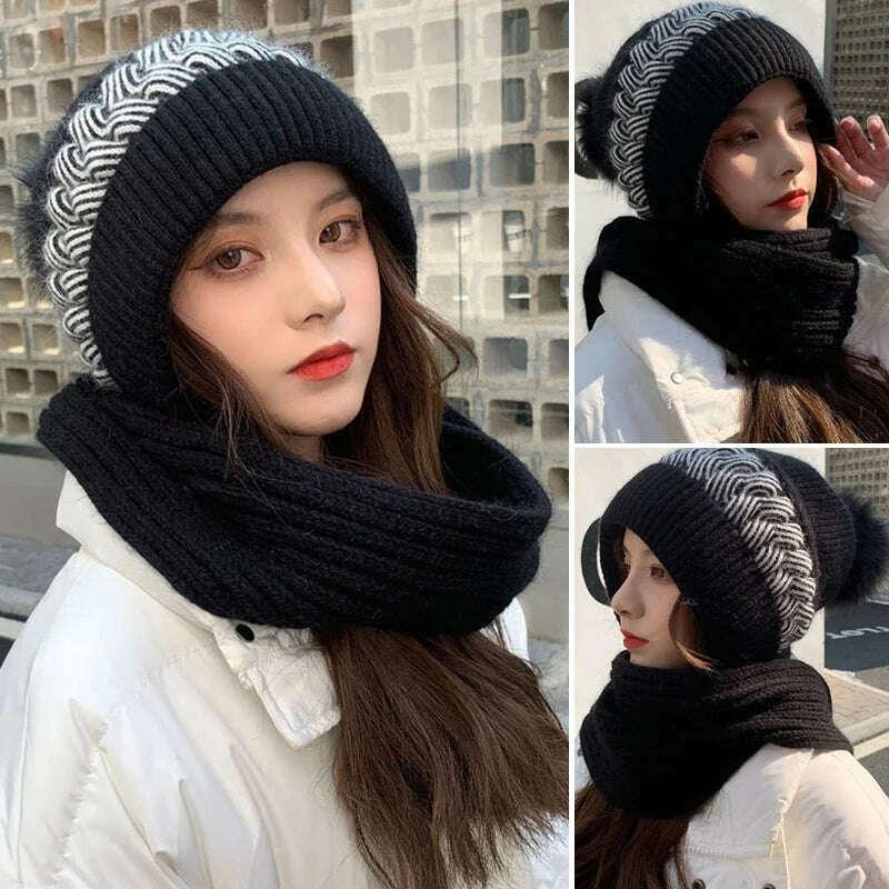 Women Winter Hood Beanies Thick Woolen Knitted Hat+Scarf Fur Pompom Crochet Bonnet Outdoor Ski Female Cap Warm Headgear - Image 5