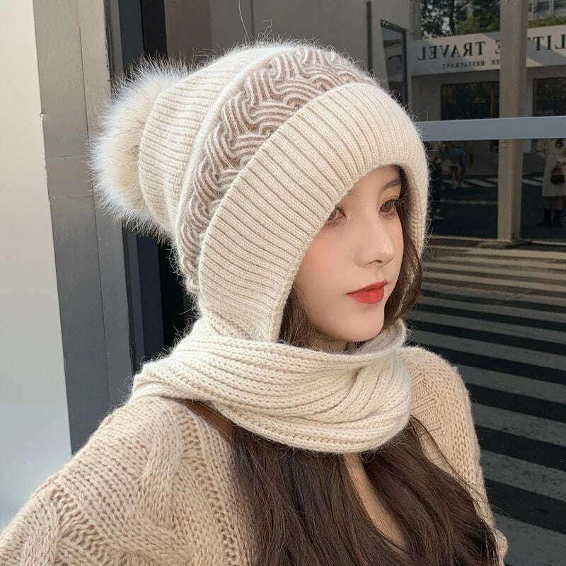 Women Winter Hood Beanies Thick Woolen Knitted Hat+Scarf Fur Pompom Crochet Bonnet Outdoor Ski Female Cap Warm Headgear - Image 6