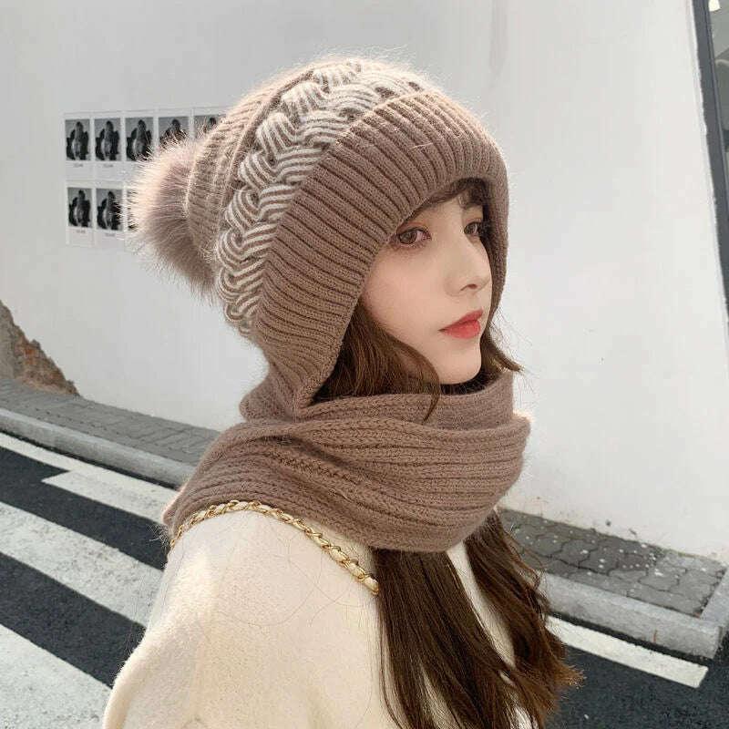 Women Winter Hood Beanies Thick Woolen Knitted Hat+Scarf Fur Pompom Crochet Bonnet Outdoor Ski Female Cap Warm Headgear - Image 7