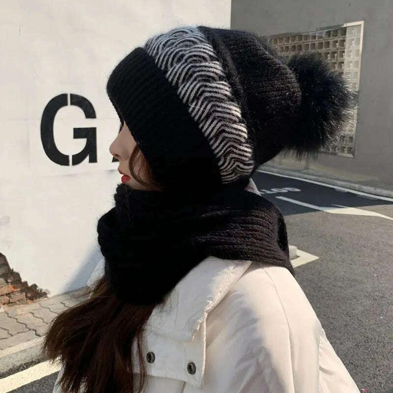 Women Winter Hood Beanies Thick Woolen Knitted Hat+Scarf Fur Pompom Crochet Bonnet Outdoor Ski Female Cap Warm Headgear - Image 8