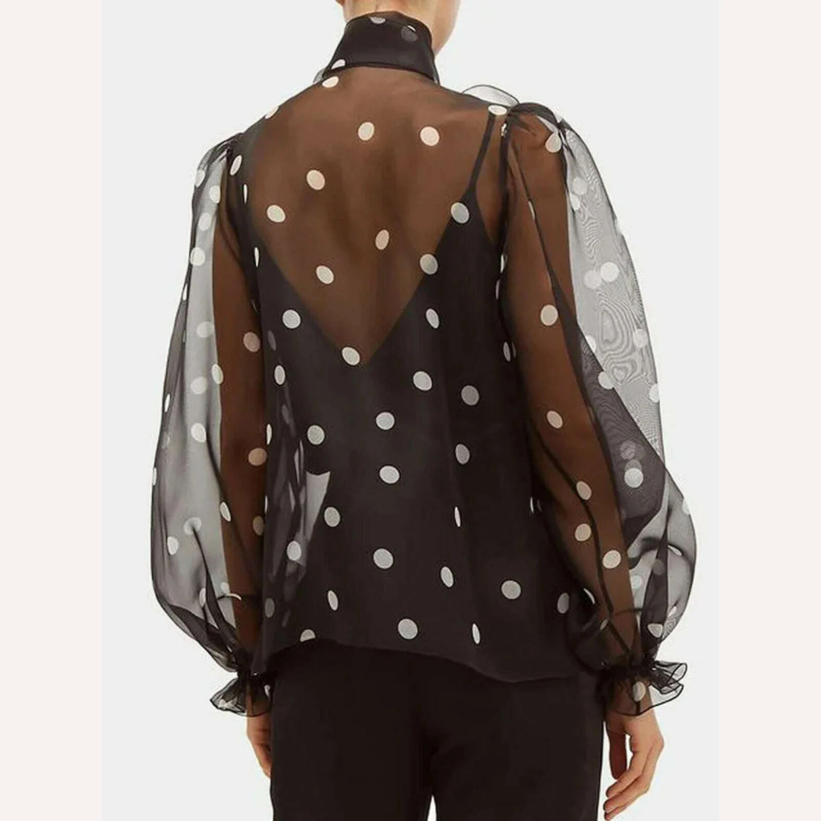 Women's Elegant Lantern Sleeve Shirt Chiffon Transparent Long Sleeve Sweet Lace-up Neck Polk Dot Casual Fashion Autumn Shirts - Image 5