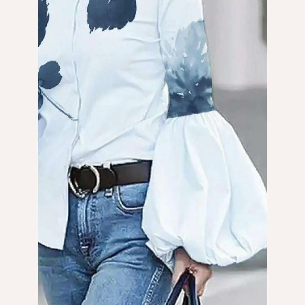 Yeezzi Women's Fashion Puff Sleeve Leaves Print High-Neck Blouses 2023 Spring Autumn Loose Buttoned Casual Shirts Tops For Women - Image 3