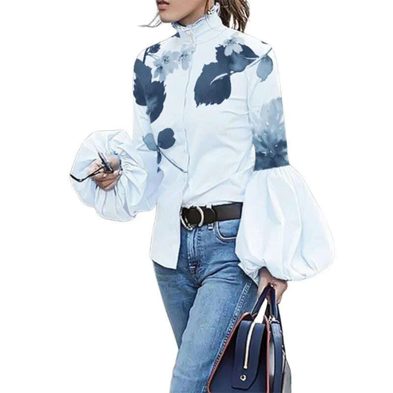 Yeezzi Women's Fashion Puff Sleeve Leaves Print High-Neck Blouses 2023 Spring Autumn Loose Buttoned Casual Shirts Tops For Women - Image 4